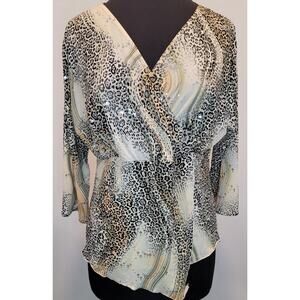 VTG Hot Babe Animal Print Twist V-Neck Blouse L Made in USA Faux Wrap Top